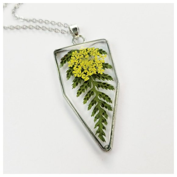 Floral Pendant Necklace Pressed Dried Flowers and Leaves Yellow and Green Floral - Picture 3 of 9